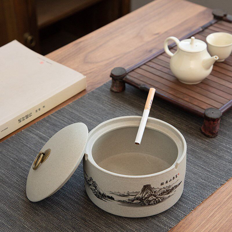 Day Style Large Size Coarse Pottery Ashtrays With Lid Anti-Fly Ash Creative Home Office Hotel Living-room On-board Cigarette Ash