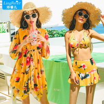 South Korea ins split swimsuit womens three-piece bikini skirt cover belly show thin chest gathered 2020 new