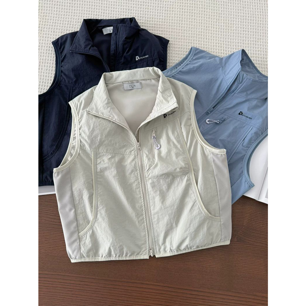 男の子向けの軽量アウトドアスポーツベスト～春、秋、夏に適した、中学生から大学生向けのカジュアルなスタンドカラーのジップアップベスト。