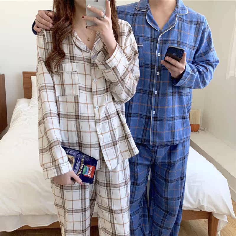 Couple pajamas women's spring and autumn 2021 new Korean version ins brushed plaid loose simple long-sleeved home clothes suit