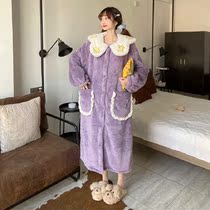 Han edition sweet cute pajamas suit in autumn winter loose and thick plush robe bathrobe home suit two suits