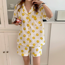 South Korea in summer new pajamas woman 2021 cute smiley face printed short sleeves and loose cotton home suit suit