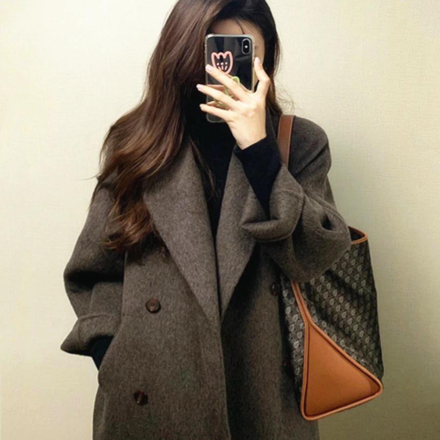 モカブラウンのハンドメイド両面カシミアコート、レディース2024年秋冬、韓国風の高級ミドル丈ウールコート