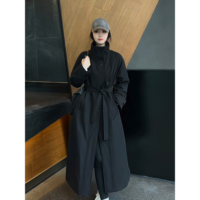 Black Stand-Up Collar Mid-Length down Jacket for Women 2025 Winter New Style High-End Warm Waist-Cinching Slimming Trench Coat