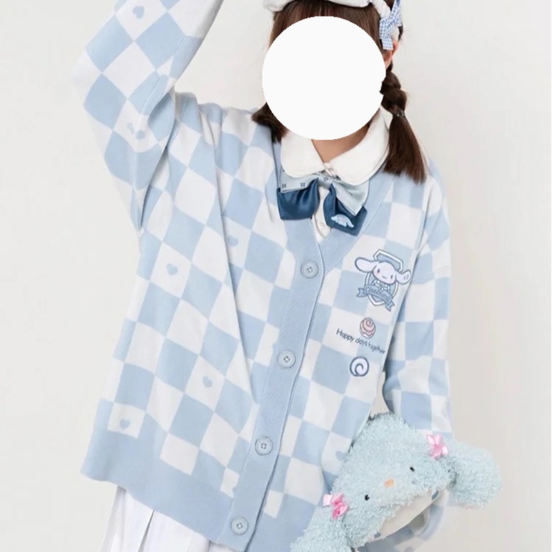 Sanrio Collaboration Jk Uniform Checkerboard Sweater Cardigan Cinnamoroll Kuromi Top Knitted Loose Coat