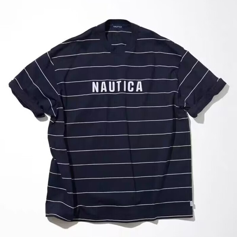 Nautica/Nautica Lu Han Style Letter Patch Embroidered Striped Short-Sleeve Unisex Loose Round Neck T-Shirt Nautica/Nautica Lu Han Style Letter Patch Embroidered Striped Short-Sleeve Unisex Loose Round Neck T-Shirt