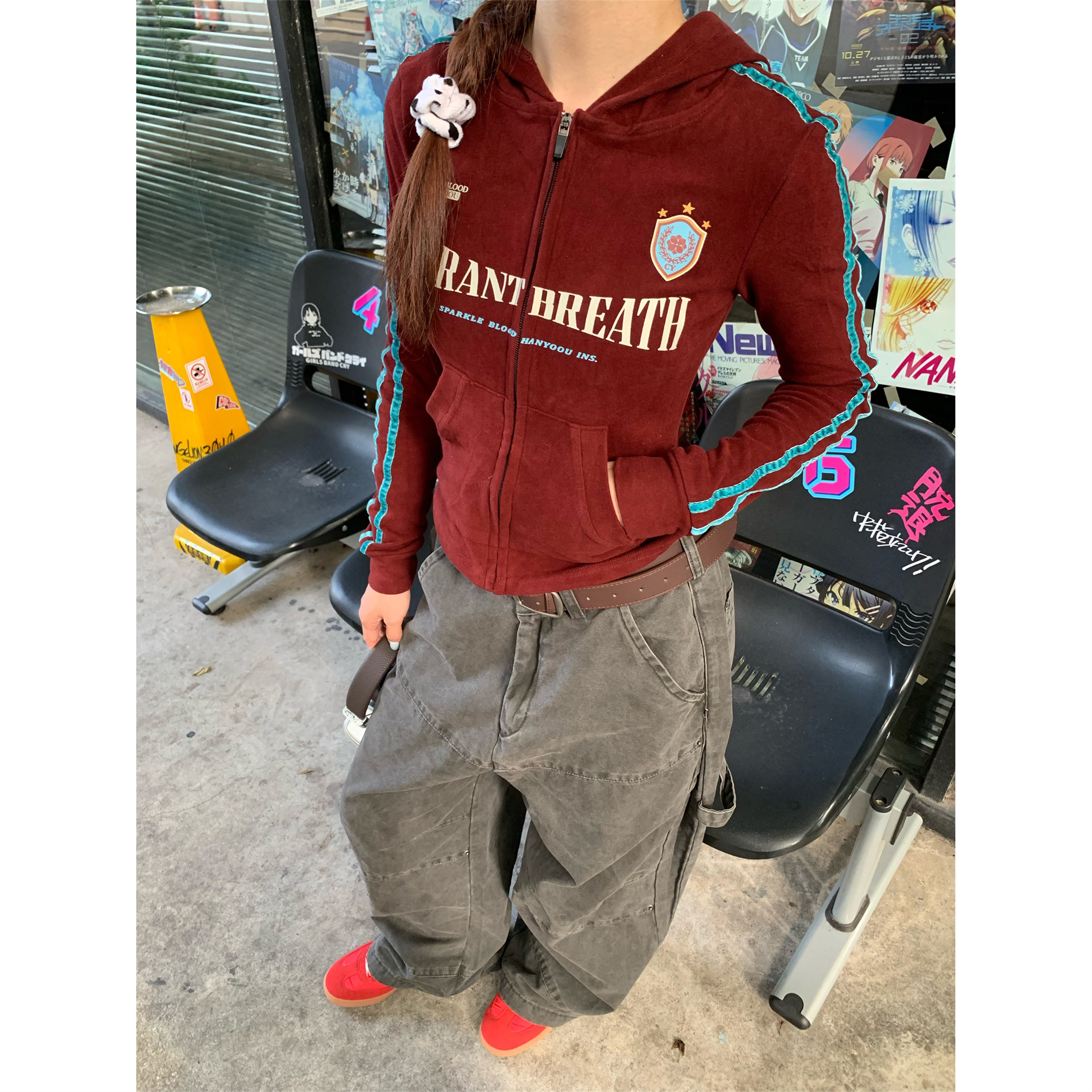 JIAONI アメリカンレトロレッドスリムフィットフード付きスウェットシャツ スエード万能ホットガールショートウエストジャケット レディース