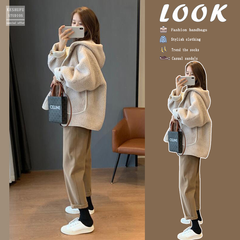 Pregnant woman suit Spring and autumn paragraph 2023 new lamb fur coat female autumn clothing thickened loose winter sweater two sets-Taobao