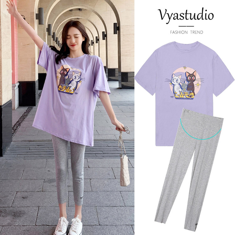 Maternity Summer Suit Fashion Sweatshirt 2021 Short Sleeve Tops Summer Foreign Trend Mom Net Red Summer Short Sleeves