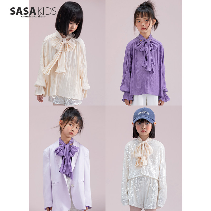 SASAKIDS Custom Soft Glutinous Pro Skin Pure Color Press Pleat Blouse Girl Spring Dress DIY Butterfly Knot Retro Shirt