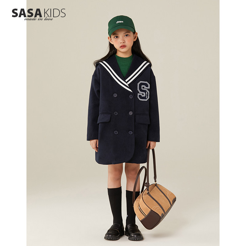 SASAKIDS Custom College Wind Paving Cotton Jacket Girl Winter Navy Collar Thickening of the long version of the coat