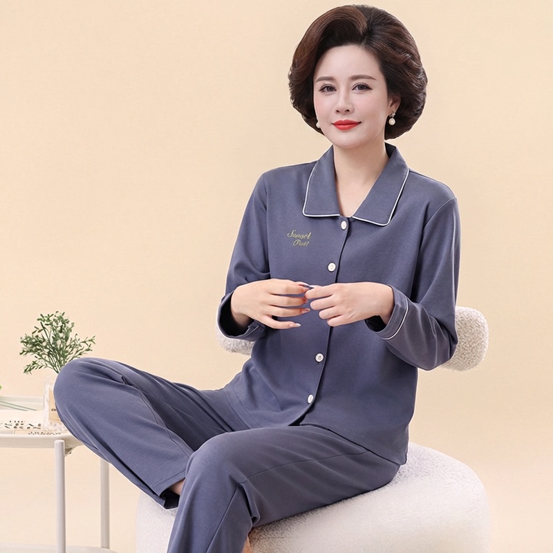 Pajamas for Women, Spring and Autumn Style, Pure Cotton, Long-Sleeved Cardigan, Middle-Aged Mother's Home Wear, Can Be Worn Outside, Plus Size Set Pajamas for Women, Spring and Autumn Style, Pure Cotton, Long-Sleeved Cardigan, Middle-Aged Mother's Home Wear, Can Be Worn Outside, Plus Size Set