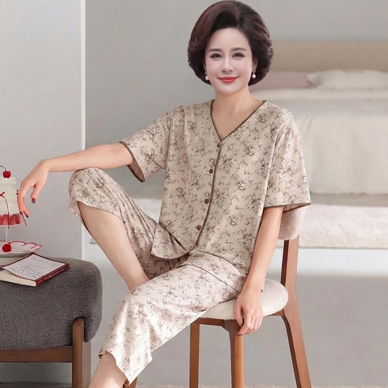 Pajamas for Women in Summer, Modal, Thin Short-Sleeved Three-Quarter Pants for Middle-Aged and Elderly Mothers, Cardigan, Casual, Can Be Worn Outside, Home Clothes Pajamas for Women in Summer, Modal, Thin Short-Sleeved Three-Quarter Pants for Middle-Aged and Elderly Mothers, Cardigan, Casual, Can Be Worn Outside, Home Clothes