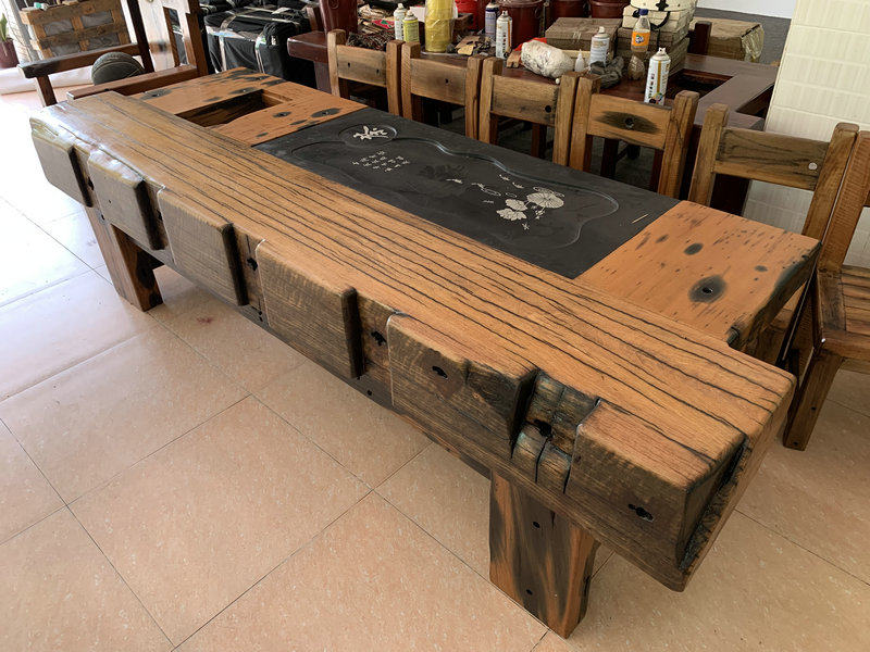 Old boat wood tea table chair combined retro sleeper wooden keel tea table upper type computer cabin wood solid wood furniture with light and luxurious tea a few