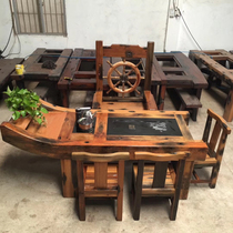 Old boat wood tea table cocked multi-function tea table wreck boat wooden tea table and chair combination solid wood furniture