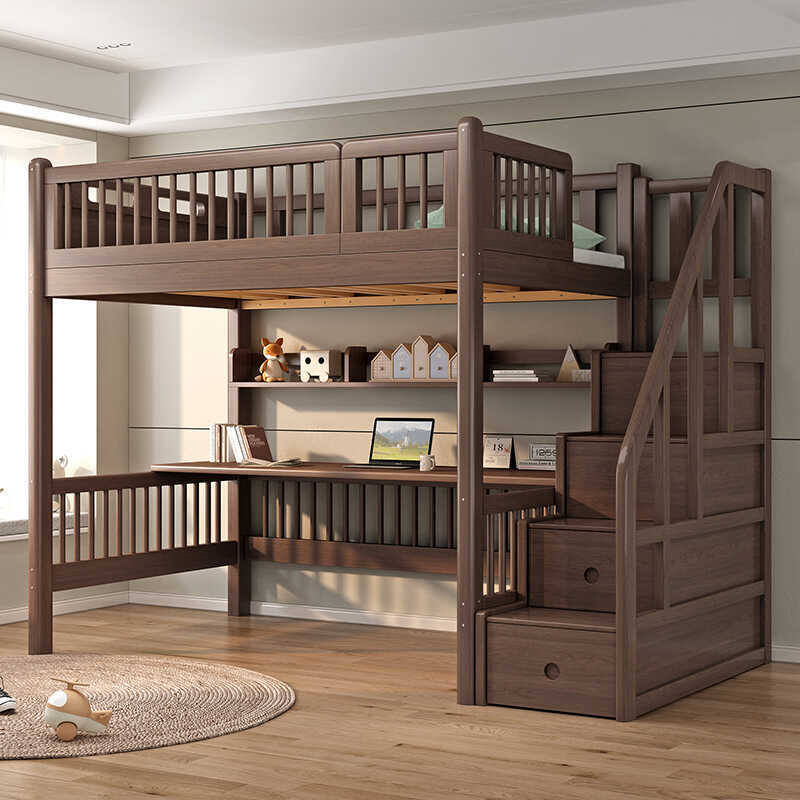 Beech Wood Bunk Bed with Staggered Upper and Lower Beds, Double-Decker Bed, All Solid Wood, Upper Bed with Desk, Elevated Bed with Sheets on the Upper Level