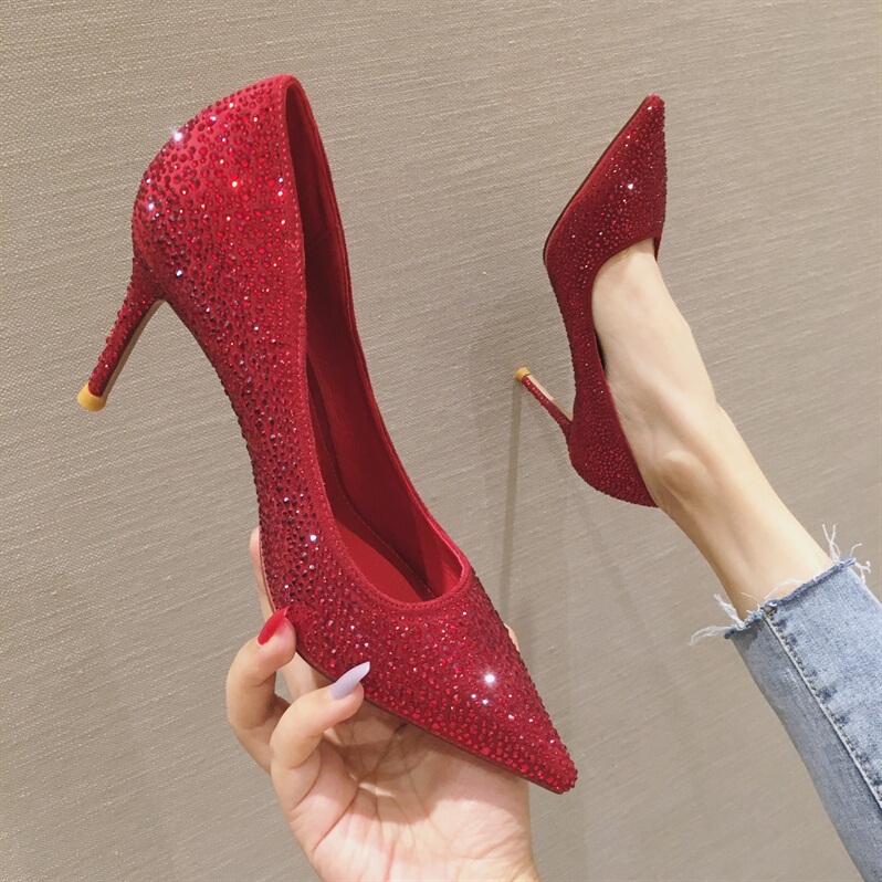 Xiuhe Wedding Shoes for Women, Crystal High Heels, Stiletto Heels, 2026 Autumn New Style, Pointed Toe, Shallow Mouth, Red Bridal Rhinestone Shoes