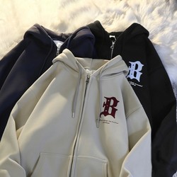Heavyweight Pure Cotton American-Style Spring and Autumn Hooded Sweatshirt Jacket for Men, Loose Fit, Autumn and Winter Fleece-Lined and Thickened Casual Cardigan Top
