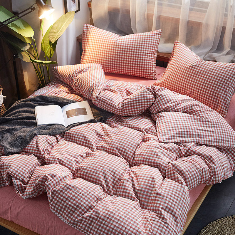 Cotton yarn-dyed water-washed cotton four-piece set Japanese close-fitting plaid cotton quilt cover bed sheet pillowcase bedding