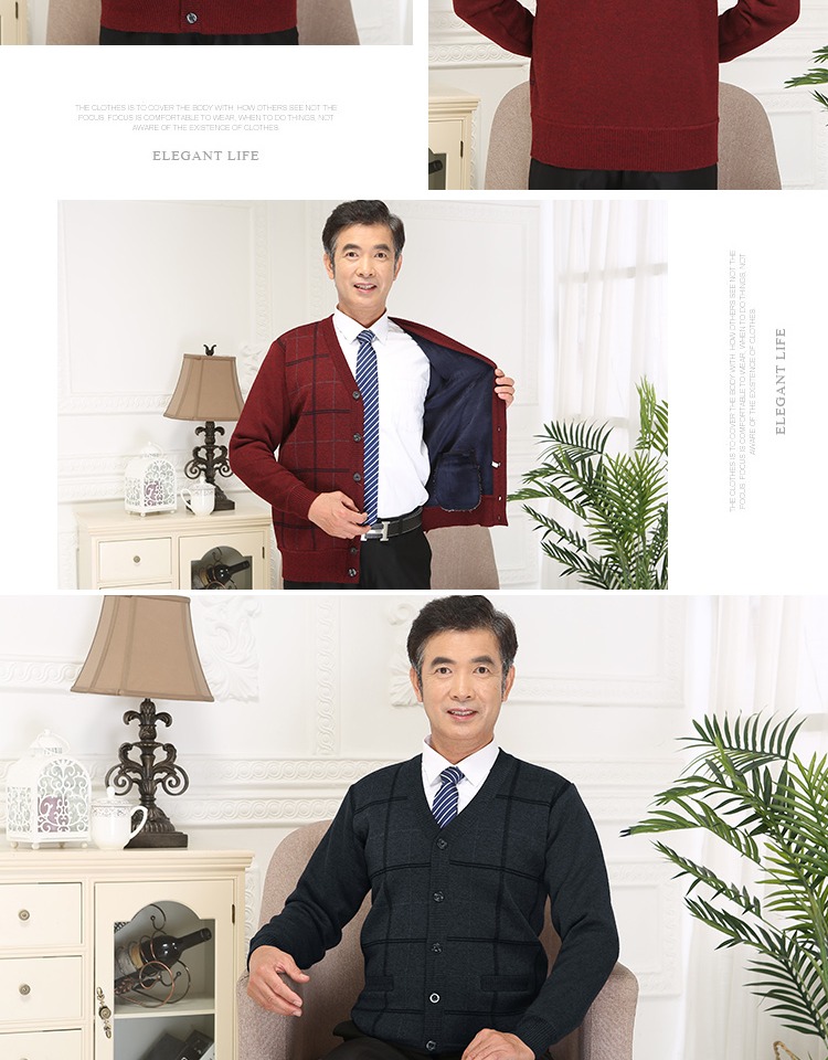 Áo len nam cổ chữ V đan len đan len trung niên cha ông mùa thu và mùa đông cộng với áo len nhung dày - Áo len áo thun nam cao cấp