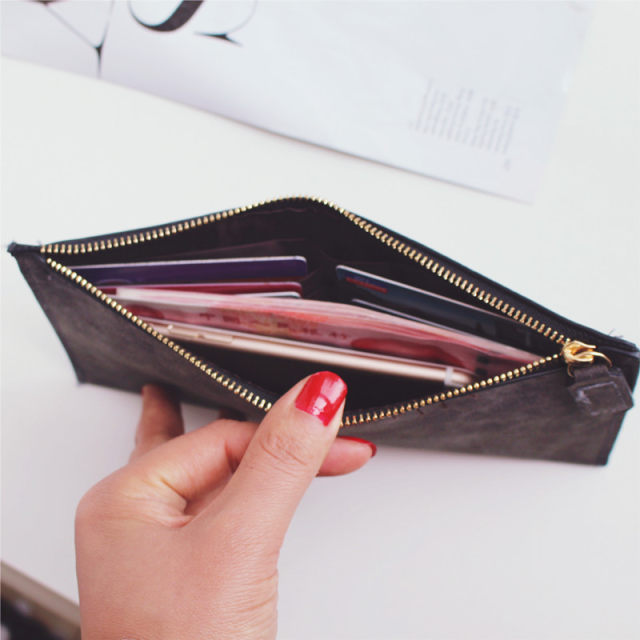 2024 new Korean version ins fashion European and American simple long wallet women's thin zipper soft leather frosted clutch bag