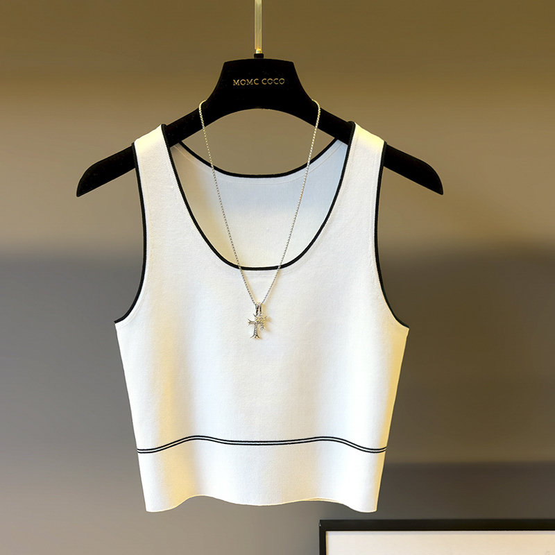 European Style Summer Sleeveless Knitted Camisole for Women, Short Striped Inner Wear, Ice Silk Top