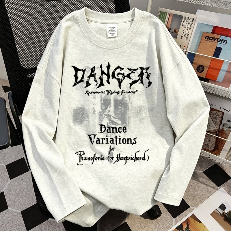 Heavyweight Pure Cotton American Retro Trendy Brand High Street Cool Design Letter Loose Long-Sleeve T-Shirt for Men, Autumn Top