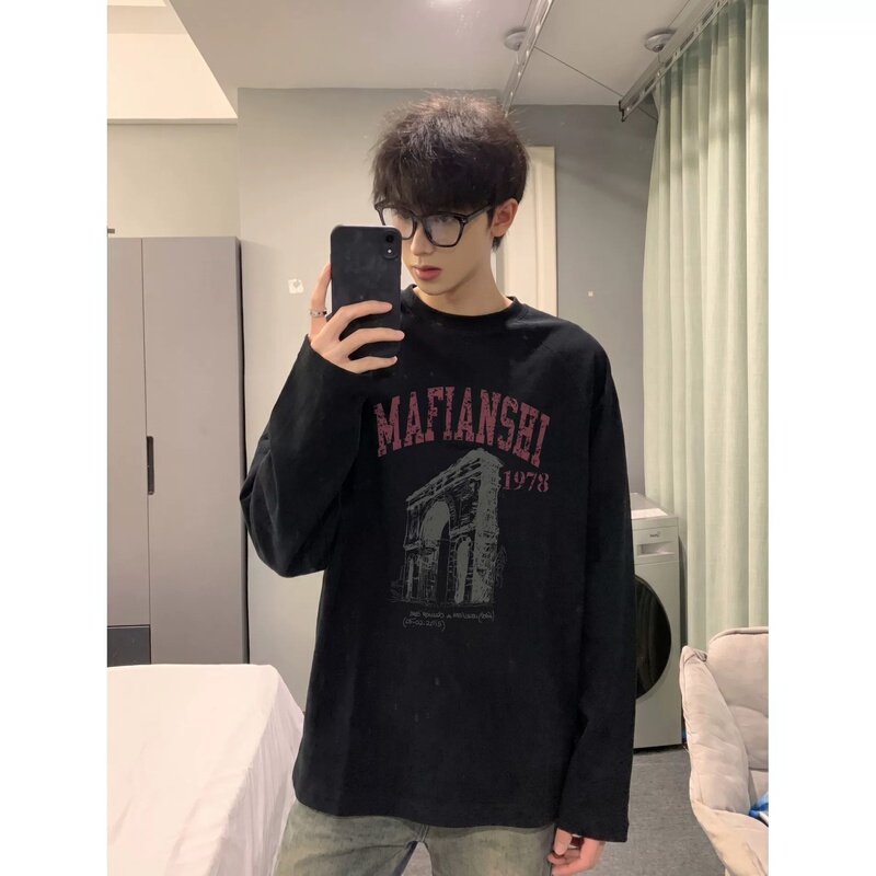 Heavyweight Pure Cotton American Retro Trendy Brand Cool High Street Youth Loose Long-Sleeve T-Shirt Men's Autumn Top Base Shirt Heavyweight Pure Cotton American Retro Trendy Brand Cool High Street Youth Loose Long-Sleeve T-Shirt Men's Autumn Top Base Shirt