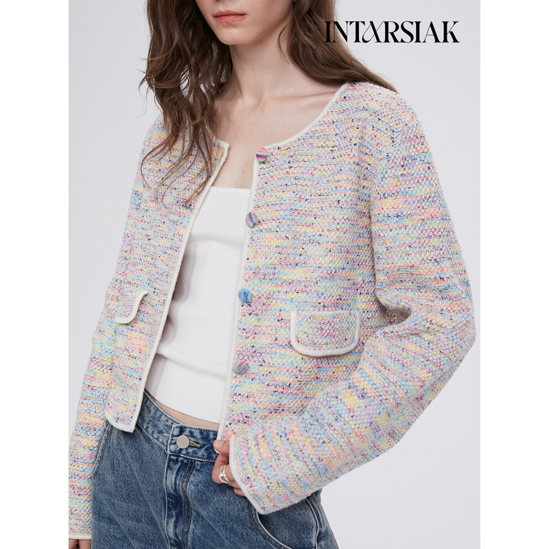 【Intarsiak Knitwear Designer Brand】Celebrity-Inspired Colorful Polka Dot Short Knit Jacket in Chanel Style