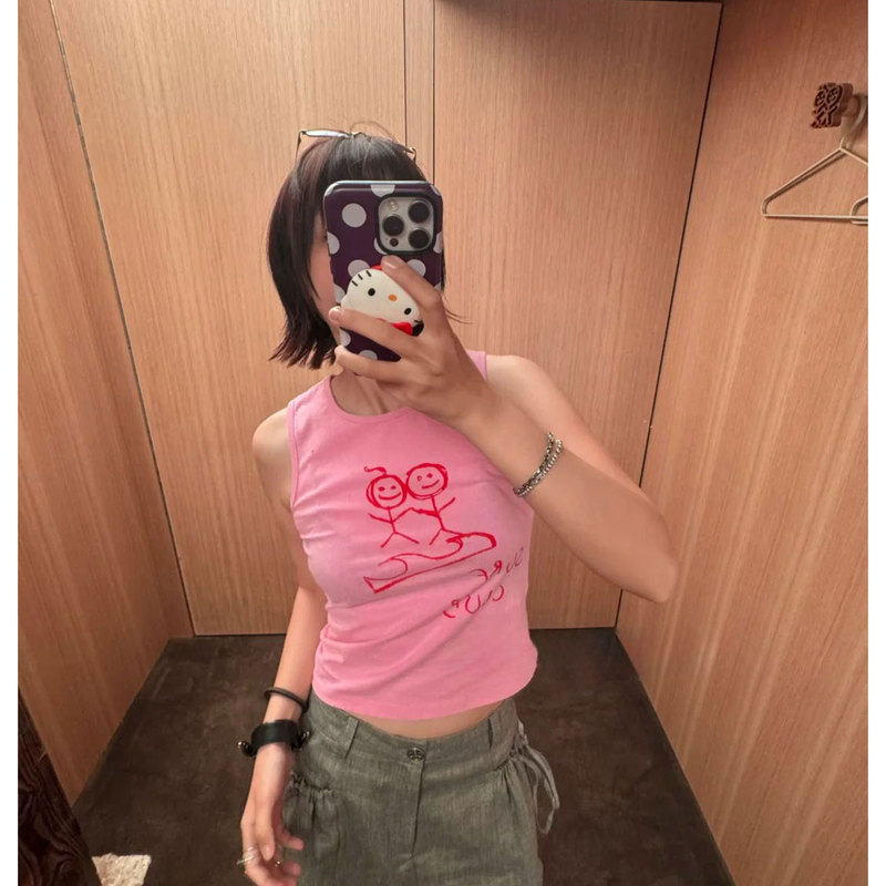 Pd's Greatest Work, Design-Focused Niche Stick Figure Print Tank Top for Women, Pink Sweet Sleeveless Top 0193 Pd's Greatest Work, Design-Focused Niche Stick Figure Print Tank Top for Women, Pink Sweet Sleeveless Top 0193