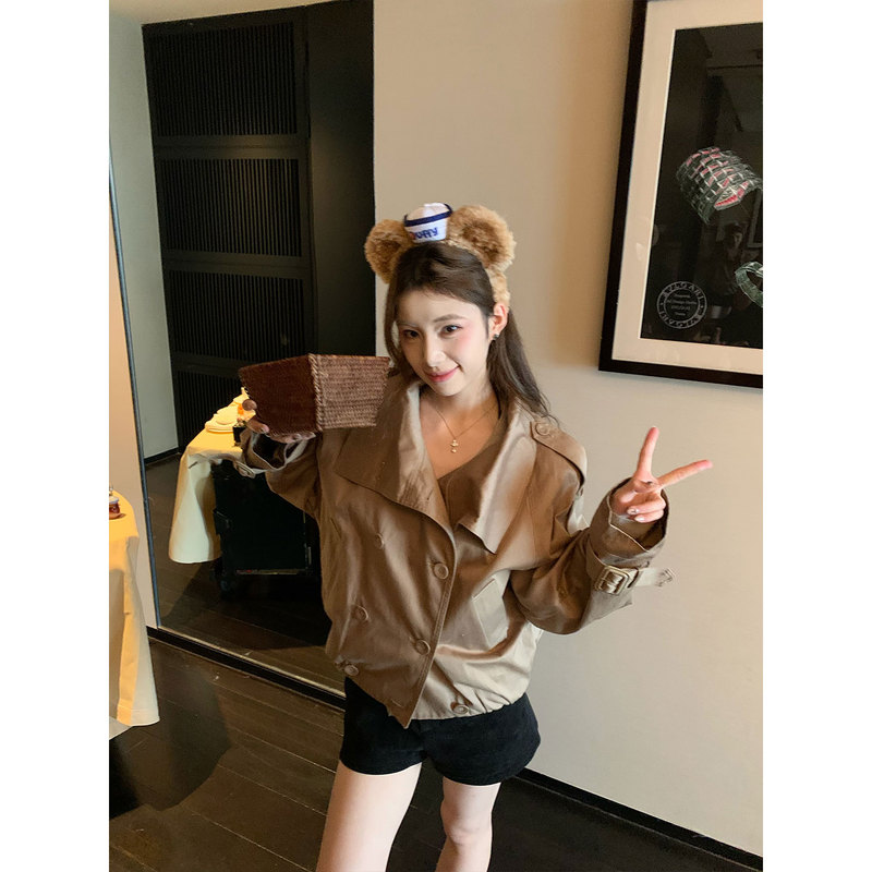 Pd's Greatest Work, Early Spring Old Money Style, High-End Khaki Brown Double-Breasted Loose Short Coat Trench Coat 0205
