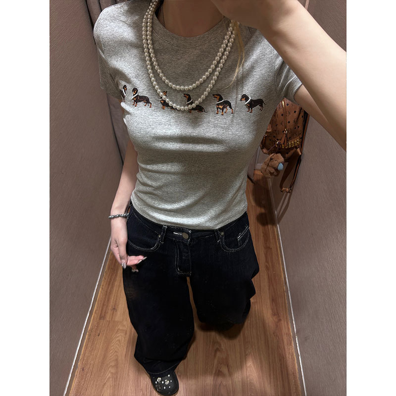 Pd's Greatest Work Jennie Dachshund Short-Sleeved Pearl Necklace Cmvx Short Hot Girl Top Small T-Shirt