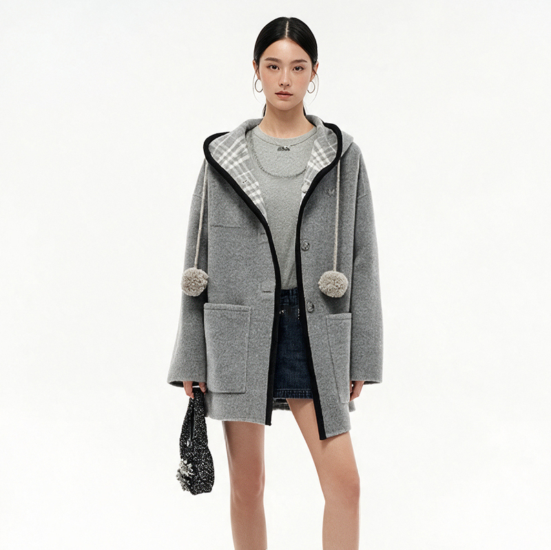 Sdefecr/College Style Patterned Hooded Double-Sided Wool Coat 2026 Winter New Double-Sided Woolen Coat for Women