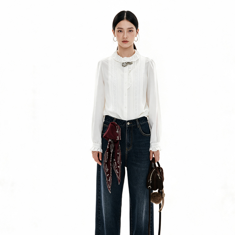Sdefecr/White Ruffled Shirt for Women, Long-Sleeved Lace Embroidery, Ruffled Collar, Pure Cotton Top Sdefecr/White Ruffled Shirt for Women, Long-Sleeved Lace Embroidery, Ruffled Collar, Pure Cotton Top