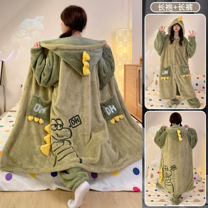 Plus-Size 2026 Autumn and Winter Cartoon Dinosaur Pajamas with Long Pants for Chubby Girls 150kg Couple Pajamas Coral Fleece