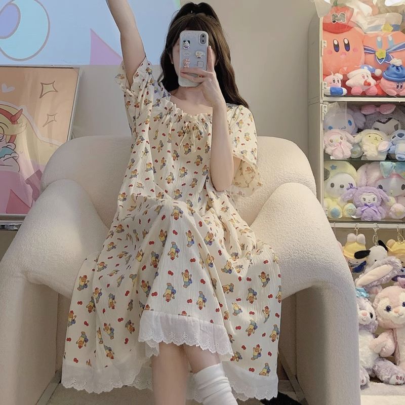 Fat Sister 150kg Plus Size Summer Nightgown Loose ins Short-Sleeved Cute Bear Pajamas Home Wear New Long Skirt