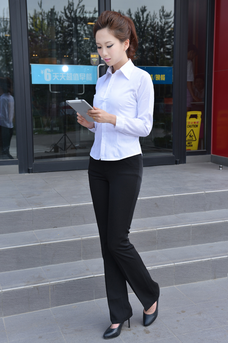CV đi lại chuyên nghiệp nữ công nhân ngắn tay áo sơ mi trắng Slim phù hợp với đơn giản sọc áo yếm dụng cụ cotton áo sơ mi nữ cổ sen tay dài