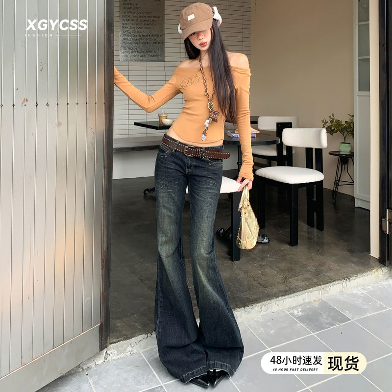 Dark Blue Low-Waisted Flared Jeans for Women 2026 Spring and Summer New American Retro Style Slim Fit Bell-Bottom Pants
