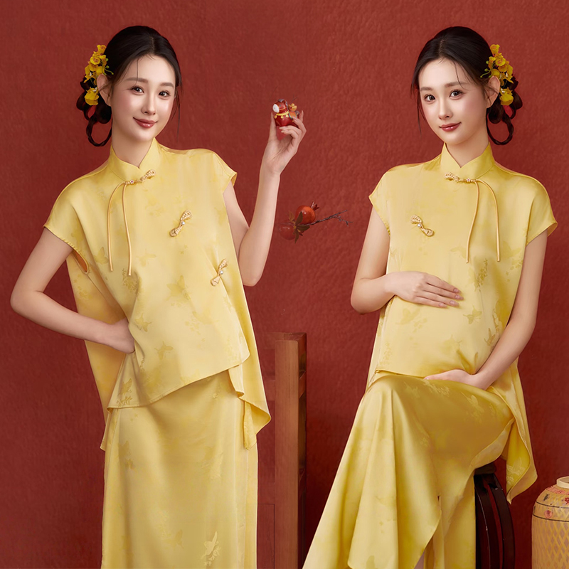 26 Photo Studio New Maternity Theme New Chinese Style National Style Women's Yellow Stand Collar Buttoned Top Maternity Wear Photo Studio Clothing 26 Photo Studio New Maternity Theme New Chinese Style National Style Women's Yellow Stand Collar Buttoned Top Maternity Wear Photo Studio Clothing