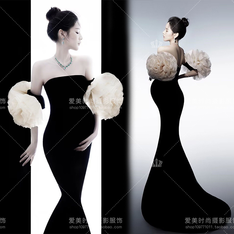 Photo Studio Maternity Photo Clothing New Style Exhibition Velvet High-End Dress Pregnant Mommy Black Slim-Fit Maternity Photo Clothing