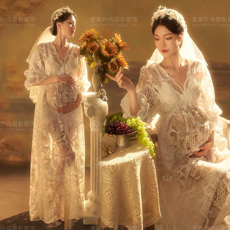 Photo Studio's New French Retro Oil Painting Style Maternity Photo Shoot Atmospheric Lace Dress Maternity Photography Clothing