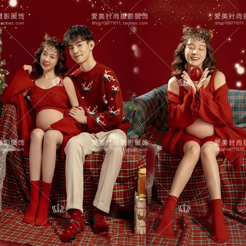 New Movie House Pregnant Women Photo Costumes Christmas Themed New Year Red Sweater Lovers Suit Photographic Home Wind-Taobao