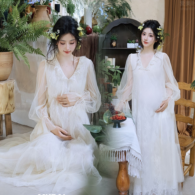 Photo Studio's New Maternity-Themed French Romantic Style White Lace Dress, Maternity Wear, Super Fairy Photo Studio Clothing