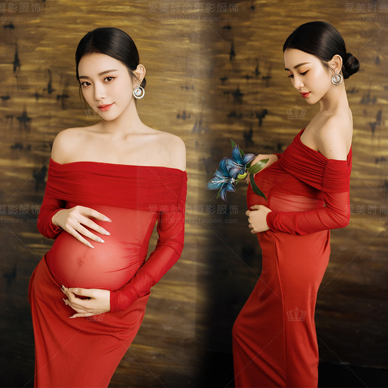 Maternity Wear Red One-Shoulder Long-Sleeved Dress for Women Korean Fashion High-End Maternity Art Photo Photography Clothing Maternity Wear Red One-Shoulder Long-Sleeved Dress for Women Korean Fashion High-End Maternity Art Photo Photography Clothing