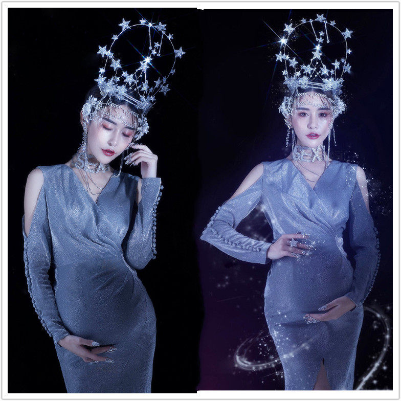 Exhibition high-end pregnant women Photographic clothing The meritocratic silver trailing skirt and the new Korean version of the Korean version of autumn and winter The maternity dress