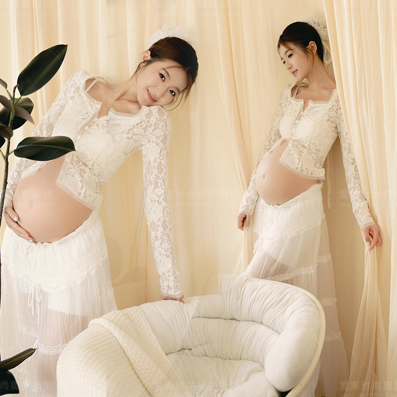 New Style Studio Maternity-Themed Photo Shoot Clothing, White Lace, Ethereal High-End Maternity Art Photography