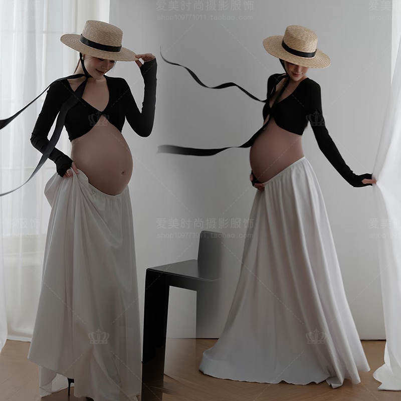 Maternity Clothing Studio New Fashion High-End Black and White Simple Long Flared Skirt for Pregnant Moms Personal Photoshoot Outfit
