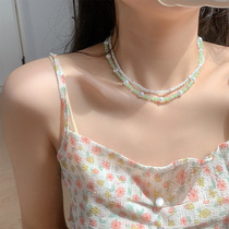 Lazy Wind Green Strings Beads Pearl Necklace Women Summer Double Ins small crowddesign Sensation Lock Bone Chain Neck chain Mori