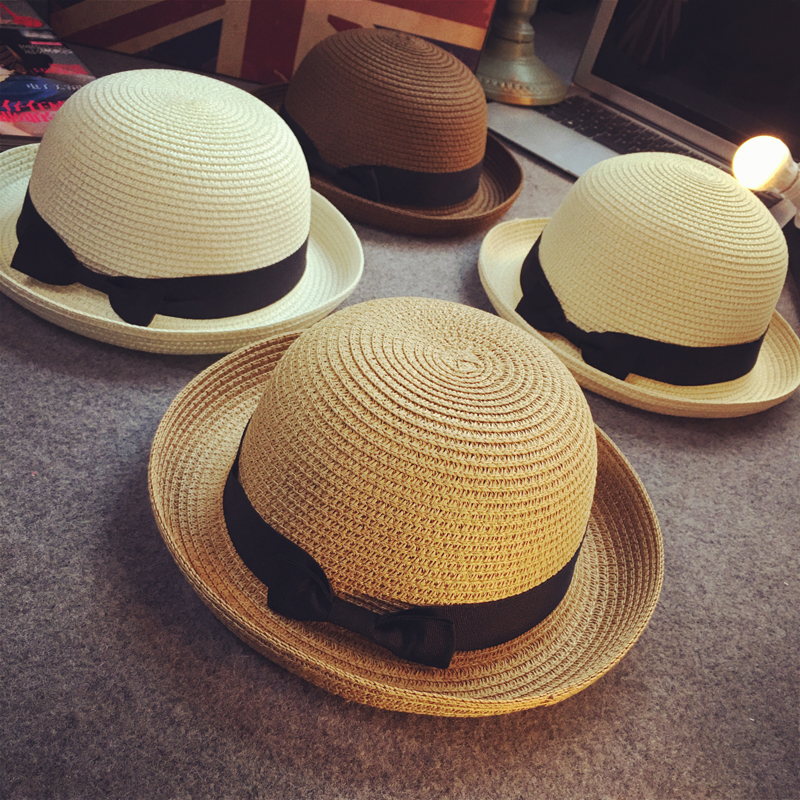 Summer Korean version of the hat tide girl British straw hat baby pepper bow flat top sun beach hat