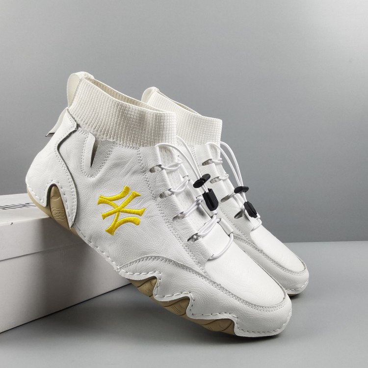 Rare and scarce foreign trade tail single men's casual high-top leather shoes leather white Zhongbang beanie shoes stitching all-match tide